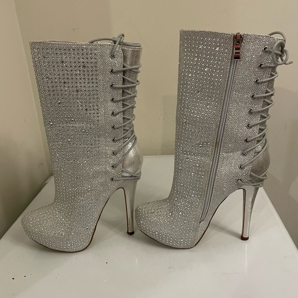 Silver Rhinestone LaceUp Booties